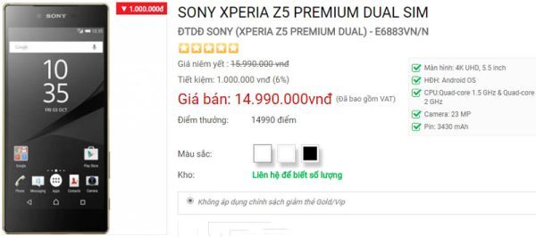 Xperia Z5 Premium giảm giá xuống còn 14,99 triệu đồng