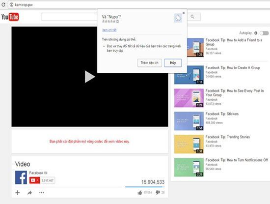 Website giả mạo Youtube yêu cầu cài thêm tiện ích