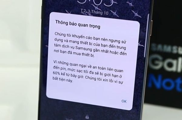 Cảnh báo trên Galaxy Note 7 có nguy cơ cháy, nổ pin.