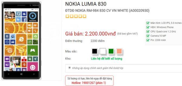 Nokia Lumia 830 giảm giá còn 2,2 triệu đồng