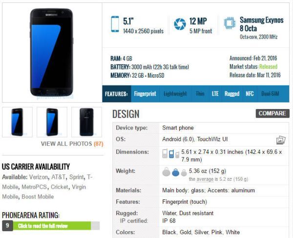 Trang giới thiệu thông số thiết bị trên Phone Arena