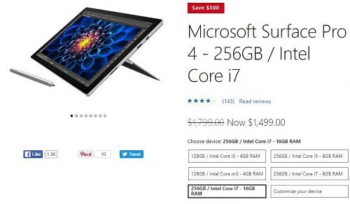 Microsoft giảm giá 300 USD cho model Surface Pro 4 cho thị trường Mỹ