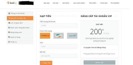 Các thành viên nạp tiền vào tài khoản Bảo Kim để thanh toán phí môi giới mại dâm qua trang web này.