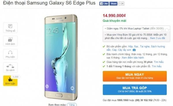 Samsung Galaxy S6 Edge Plus giảm giá 5 triệu