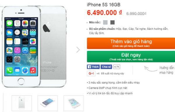 iPhone 5s giảm giá còn 6,49 triệu đồng
