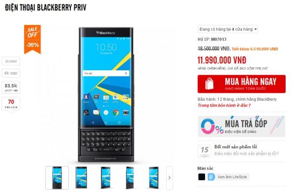 BlackBerry Priv chính hãng giảm giá gần 7 triệu đồng