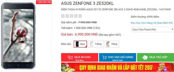 Asus ZenFone 3 giảm giá bán ở thị trường Việt Nam 1 triệu đồng