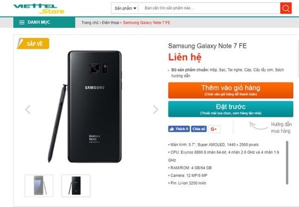 Trang bán hàng của Viettel Store đã đưa Galaxy Note FE 