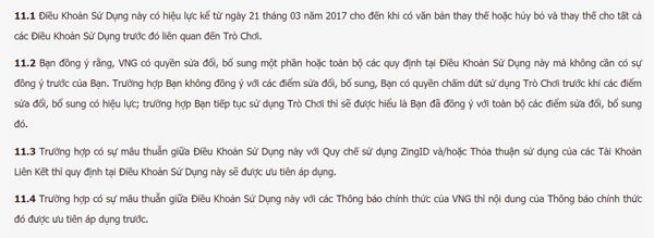 VNG, Võ lâm truyền kỳ mobile, VLTK mobile, điều khoản trò chơi