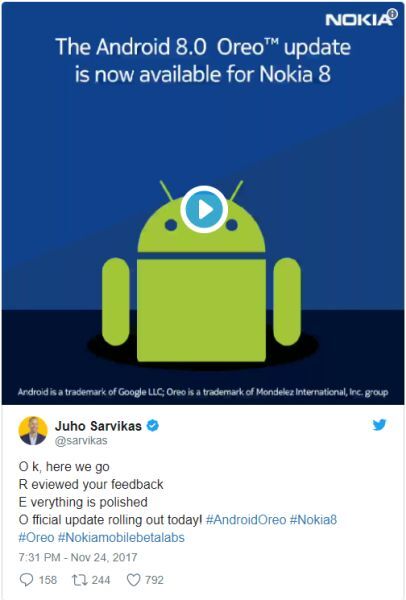 Nokia 8 nhận bản cập nhật Android 8.0 Oreo