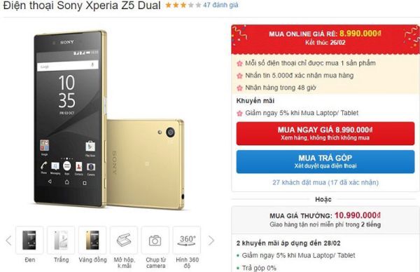Sony Xperia Z5 giảm giá 2 triệu đồng cho khách hàng đặt mua online