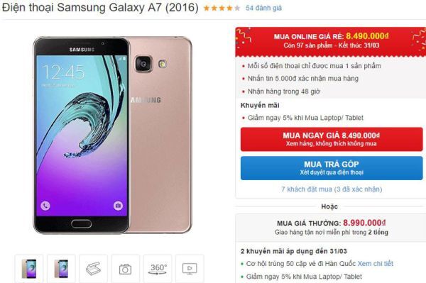 Samsung Galaxy A7 2016 giảm giá hấp dẫn cho khách hàng đặt mua online
