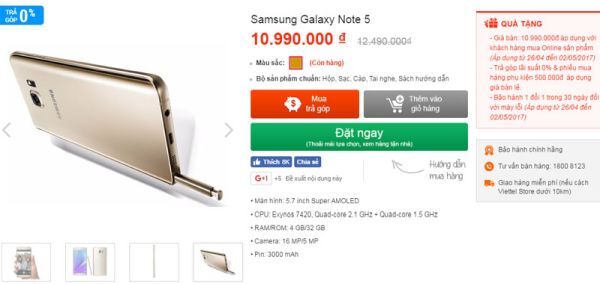 Galaxy Note 5 giảm giá 1,5 triệu đồng cho khách hàng đặt mua online
