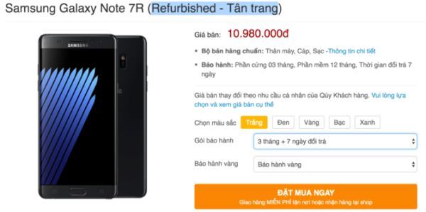 Galaxy Note 7 tân trang được rao bán ở Việt Nam với giá từ 10,98 triệu
