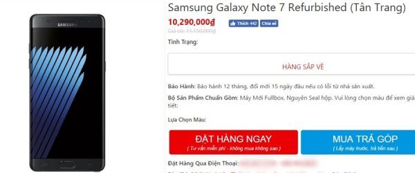 Galaxy Note 7 refurbished được bán với giá 10,2 triệu đồng