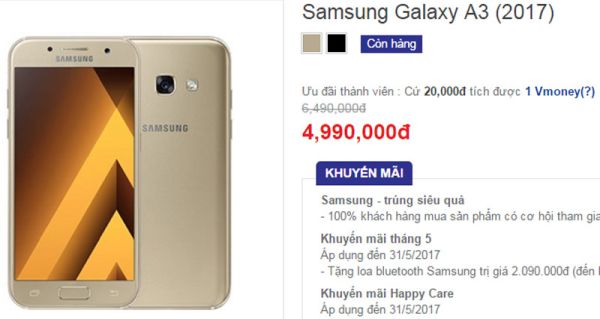 Galaxy A3 2017 giảm giá 1,5 triệu đồng từ nay đến hết ngày 31/5
