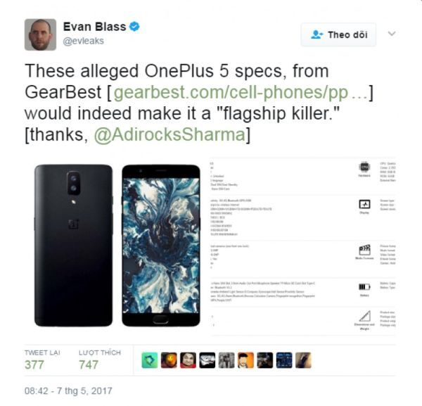 Lộ thông số kỹ thuật OnePlus: 8 GB RAM, camera 23 MP, pin 4.000 mAh