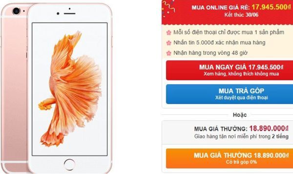 iPhone 6s giảm giá vô cùng hấp dẫn cho khách hàng đặt mua online