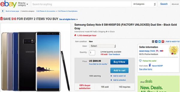 Galaxy Note 8 bản 2 sim được rao bán với mức giá chỉ 899USD