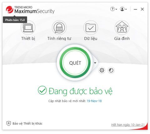 Giao diện làm việc của phiên bản Trend Micro Security 15 