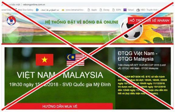 Phát hiện website giả mạo bán vé online chung kết Việt Nam vs Malaysia