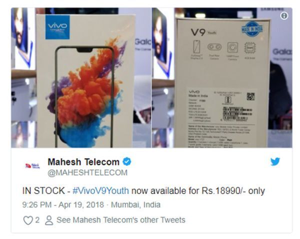 Vivo V9 Youth đã được bán ra tại thị trường Ấn Độ,  giá 6,4 triệu đồng