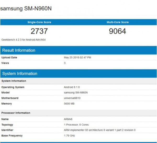 Điểm chuẩn lõi đơn và đa lõi được cho là của Galaxy Note 9 chạy chip Exynos 9810; RAM 6GB.