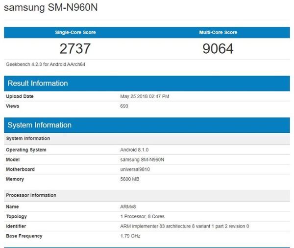 Kết quả thử nghiệm Geekbench của Galaxy Note 9 rò rỉ trong thời gian gần đây, điểm số tương đương với Galaxy S9+
