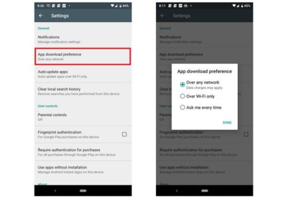 Google Play Store cho đặt tùy chọn tải xuống ứng dụng