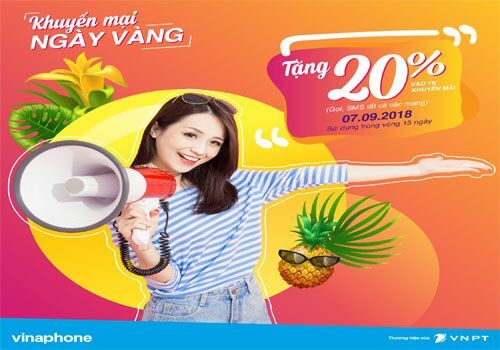 VinaPhone tặng 20% giá trị thẻ nạp trong ngày 07/09