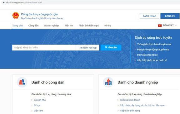 Giao diện Cổng dịch vụ công quốc gia