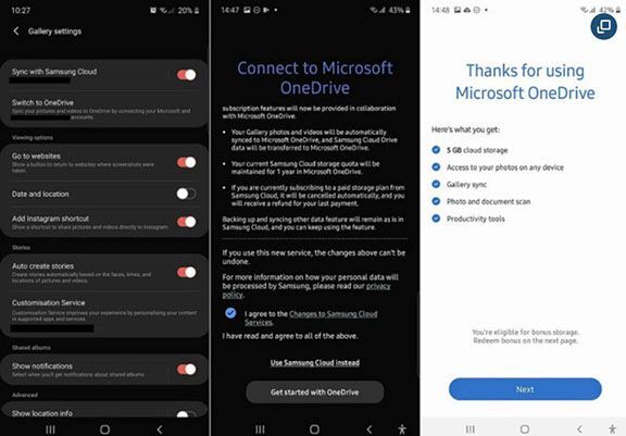 Giao diện thiết lập đồng bộ giữa Samsung Cloud và Microsoft