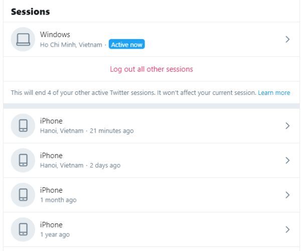 Các thiết bị đã từng đăng nhập vào tài khoản Twitter 