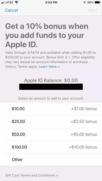 Apple tặng 10% giá trị tiền nạp vào tài khoản