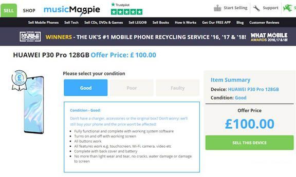 Trang musicMagpie trả giá 100 bảng Anh cho Huawei P30 Pro đã qua sử dụng