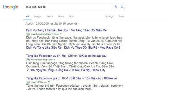 Thông tin dịch vụ like, sub ảo được rao bán công khai