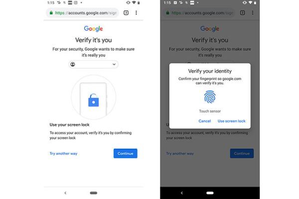 Google Account chấp nhận xác thực vân tay trên Android