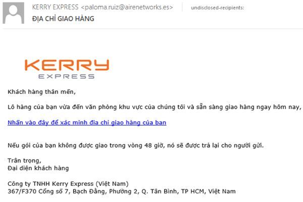 Nội dung email đóng giả đơn vị chuyển phát nhằm lừa người dùng tải mã độc