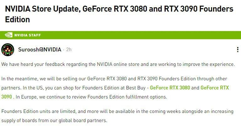 Nvidia dừng bán RTX 3080 và 3090 trên nền tảng web trực tuyến
