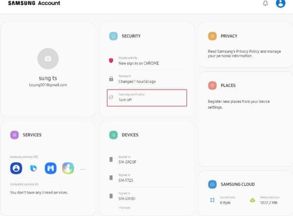 Ứng dụng Samsung Account yêu cầu xác thực hai yếu tố