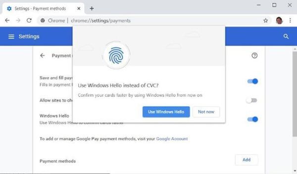 Windows Hello có thể dùng thanh toán trong Google Chrome