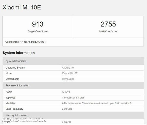 Xiaomi Mi 10E lộ diện với chip Exynos 990