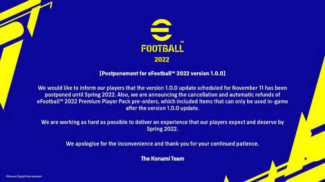eFootball 2022 bị hoãn, Konami hoàn tiền cọc