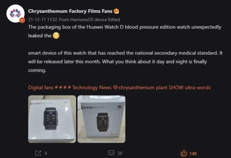 Huawei Watch D chạy Harmony OS có thể đo huyết áp