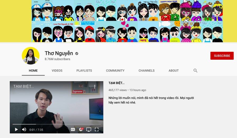 Kênh Youtube Thơ Nguyễn tắt kiếm tiền, ẩn toàn bộ video