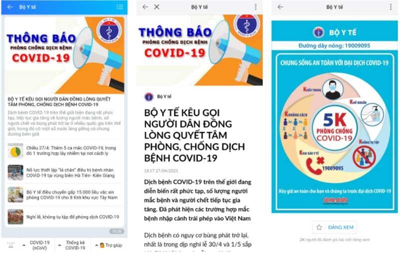 Bộ Y tế và nhiều địa phương liên tục gửi khuyến cáo phòng, chống dịch Covid-19 qua Zalo