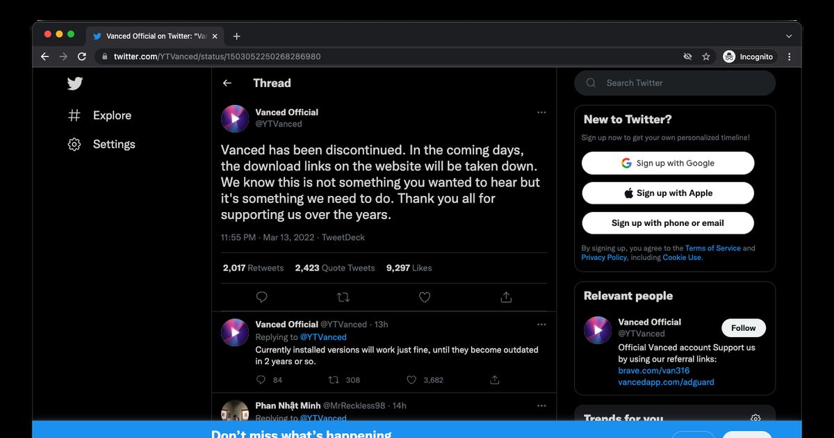 YouTube Vanced bị Google ép dừng hoạt động