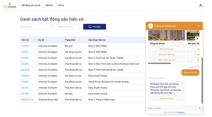 Trợ lý ảo hỗ trợ khách hàng hỏi đáp về thông tin thủ tục trên website Vinhomes Online