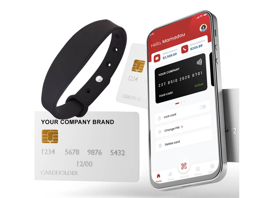 Minh hoạ sản phẩm VeryPay với ứng dụng di động, vòng thanh toán và thẻ thanh toán tích hợp công nghệ NFC.