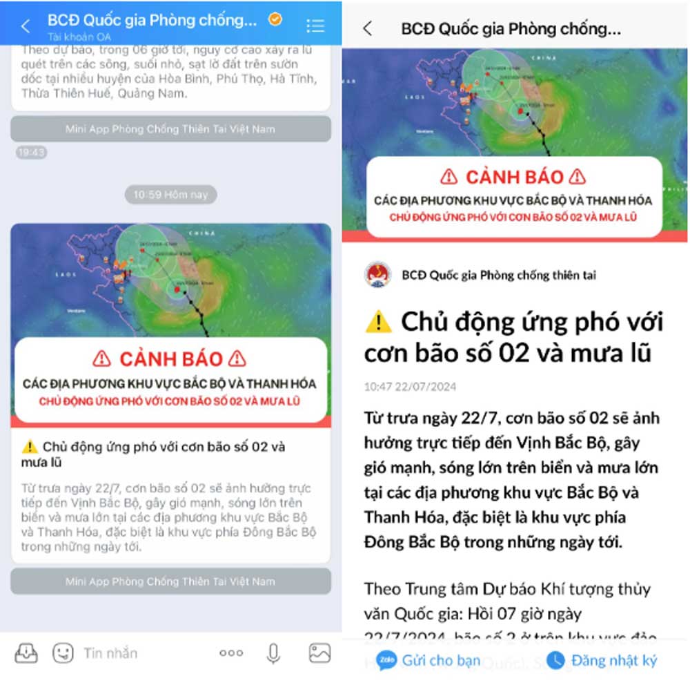 Cảnh báo khẩn bão số 2 gửi trực tiếp đến người dân qua Zalo